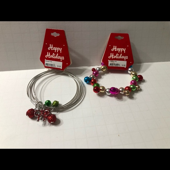 Happy Holidays bracelets bangles bells multi color silver set of 2 new sets jewe - Picture 2 of 10